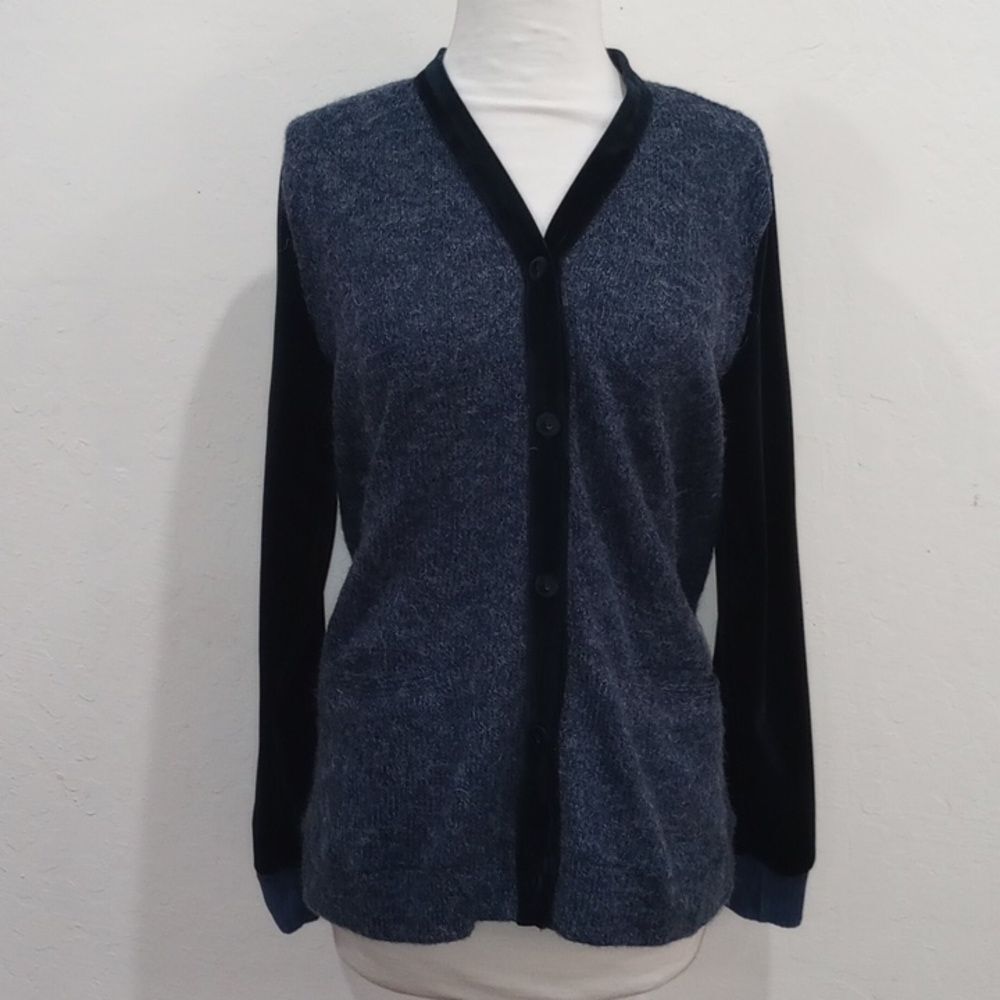 na.mu Blue Wool Blend Cardigan With Velvet Trim, Size L